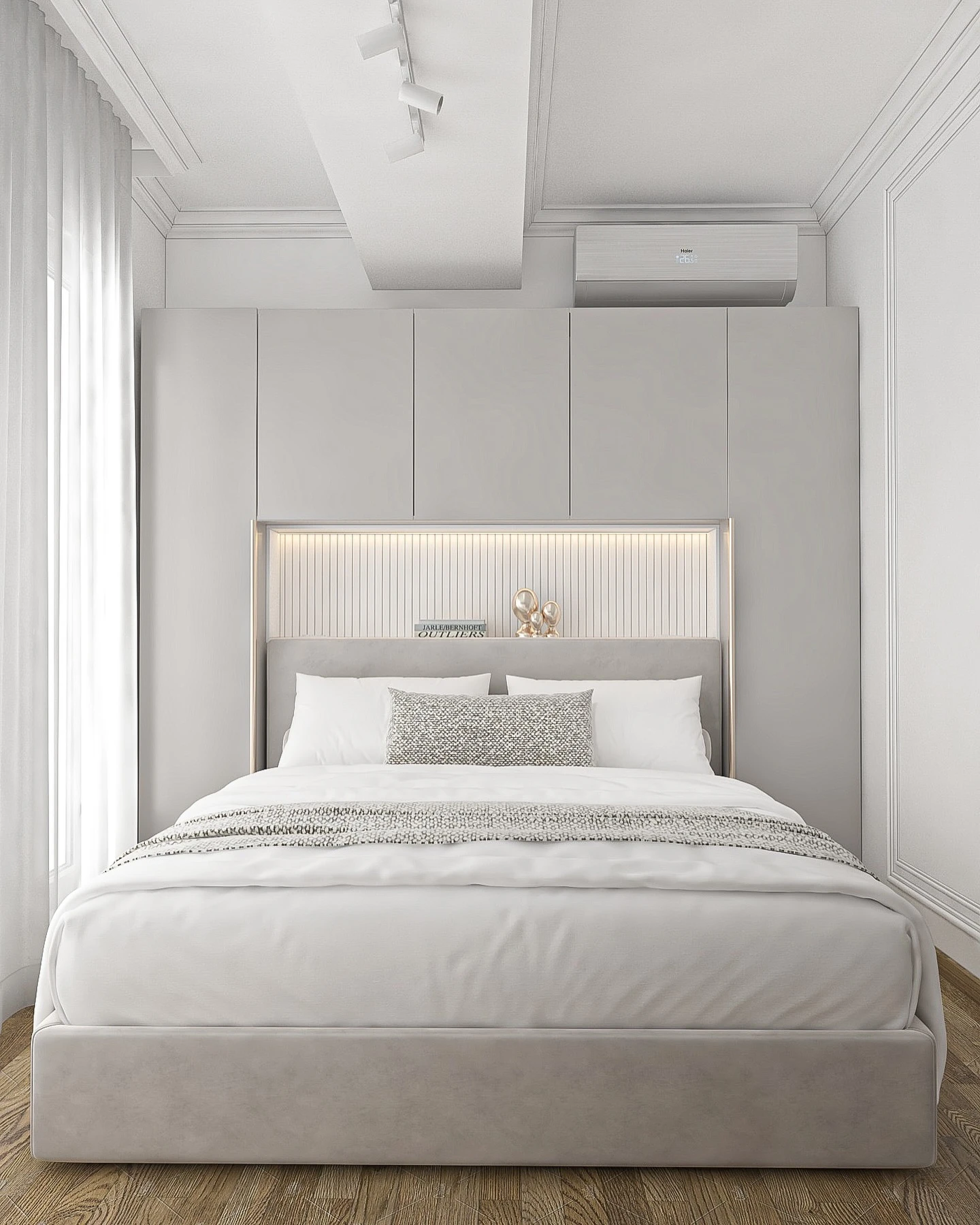Minimalist small bedroom with gray bed, built-in storage, LED lighting, sheer curtains, and an air conditioning unit.