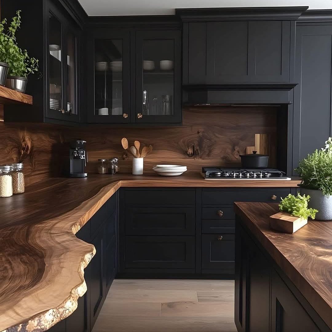 A luxurious kitchen with matte black cabinets, live-edge wood countertops, and a matching wood backsplash.