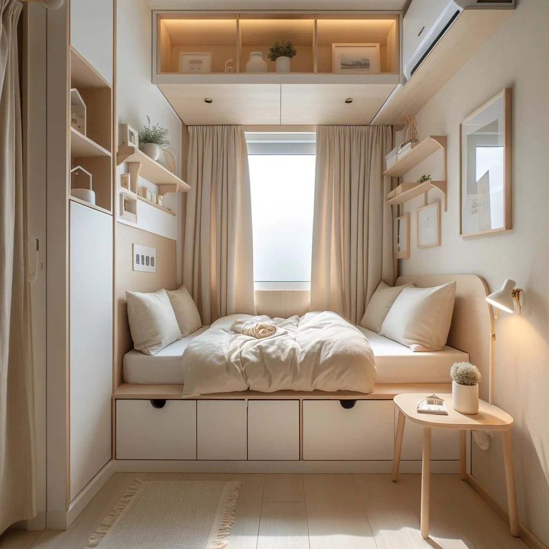 Minimalist small bedroom with built-in bed, floating shelves, curtains, nightstand, and light rug.