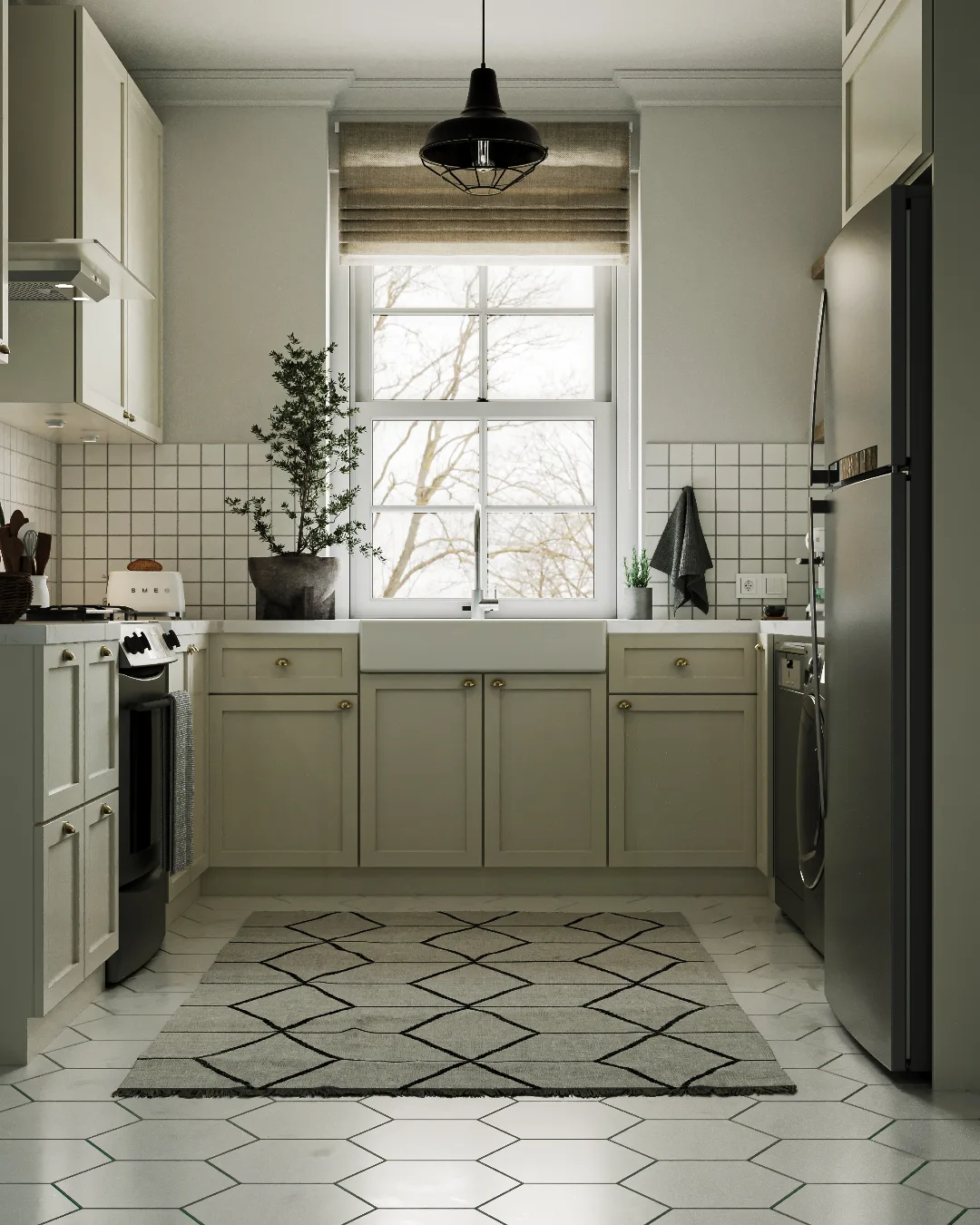 A small, cozy kitchen with light gray lower cabinets, cream upper cabinets, white tile backsplash, and hexagonal floor tiles.