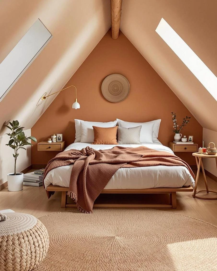Scandinavian small bedroom with white bed, abstract painting, ceiling lamp, nightstand, and sheer curtains.