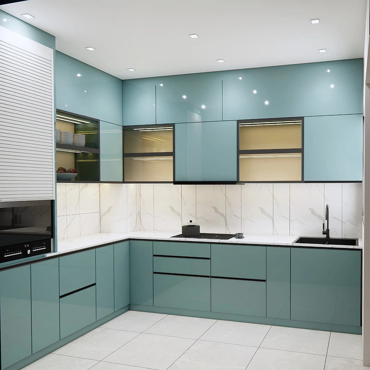 A contemporary kitchen with high-gloss teal cabinets, a white marble-patterned backsplash, and integrated black handles.