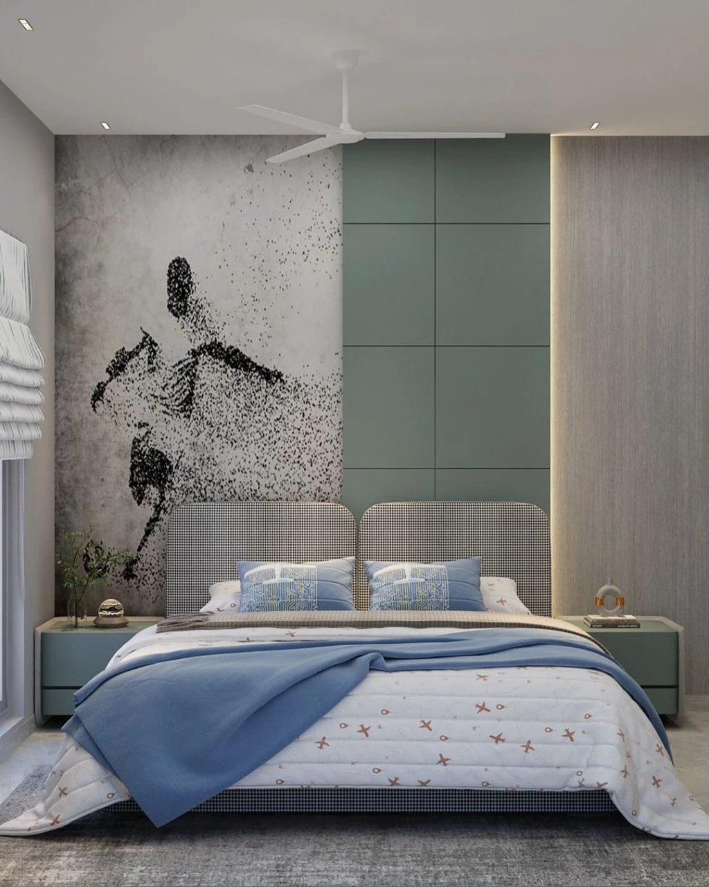 A small bedroom featuring a striking monochrome mural of a dancer on one side of the wall, contrasting with sage green paneled sections and a textured gray panel. A houndstooth headboard and blue bedding add modern flair.