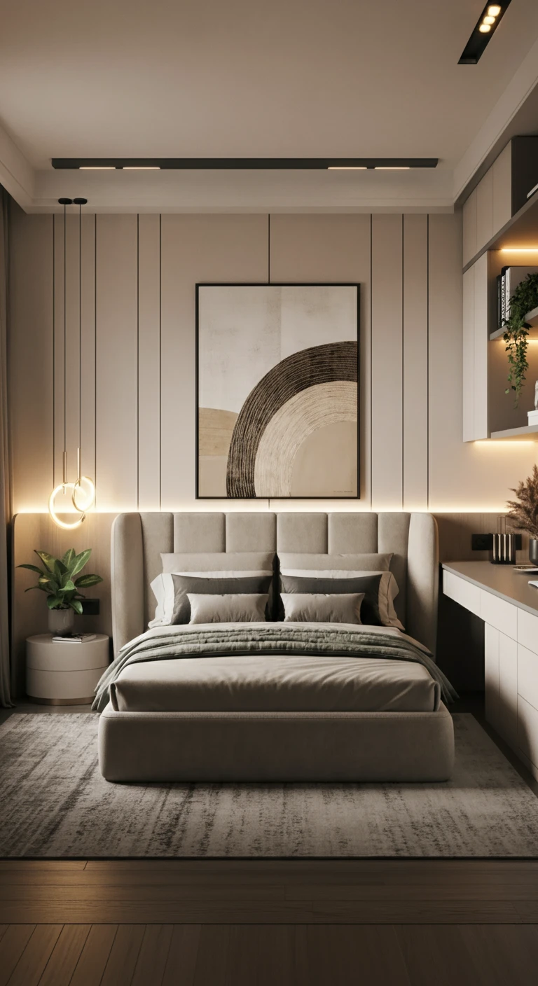 A contemporary small bedroom featuring a neutral color palette, a fluted upholstered headboard, and an integrated desk with shelving on one side. Subtle backlighting and a hanging spherical pendant light add to the sophisticated ambiance.