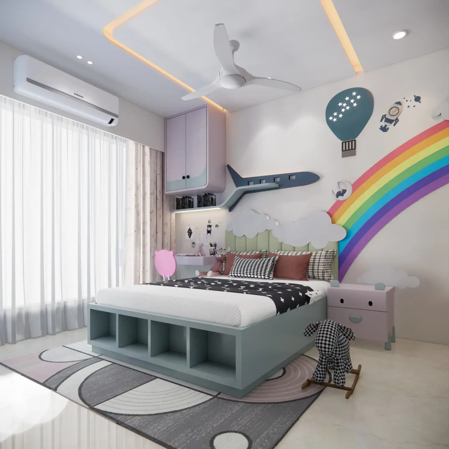 A Kid's bedroom with a travel and adventure theme. The bed has a light blue base with built-in storage cubbies. A rainbow mural and hot air balloon wall decal are on the back wall. An airplane-shaped wall shelf and cloud-shaped headboard add to the whimsical decor. The room is decorated in a mix of pastels and bold colors.