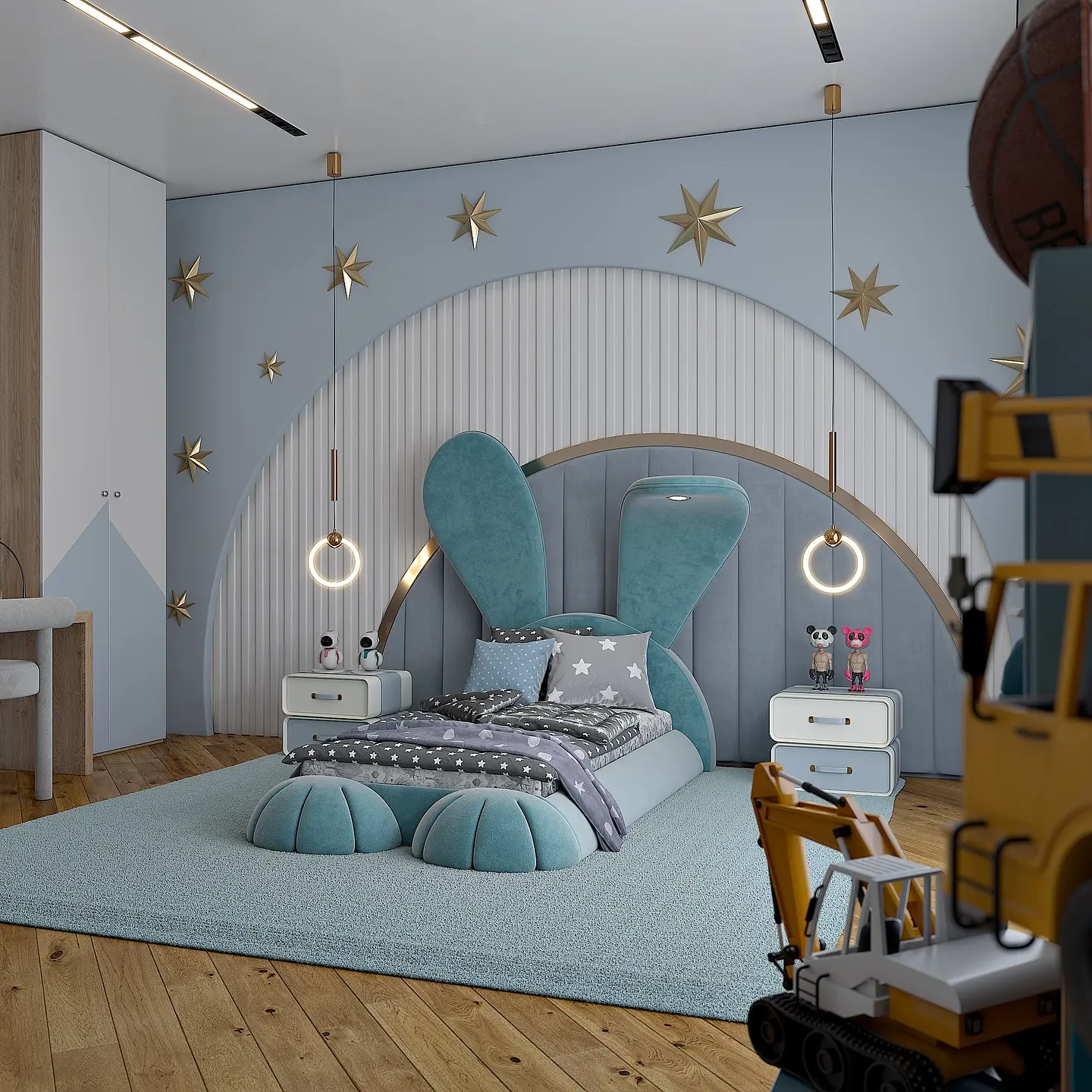 A Kid's bedroom with a large bed shaped like a rabbit, featuring two tall, blue upholstered ears as the headboard and round feet at the foot of the bed. The bed is placed against a light blue accent wall with a large arch and star decals. A plush light blue rug covers the floor.