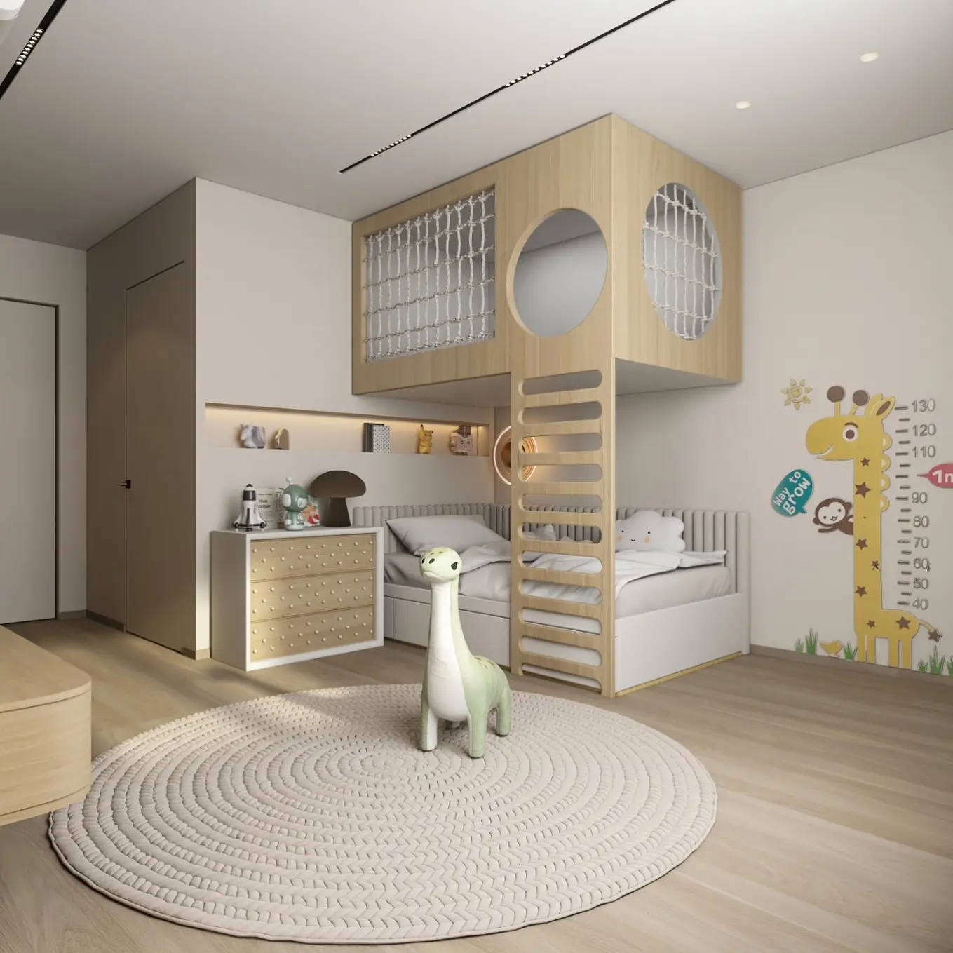 A Kid's bedroom featuring a minimalist wooden loft bunk bed. The top bunk is a play area enclosed with a net, accessible by a built-in ladder. The lower level has two beds arranged in an L-shape. The room is decorated with a neutral color scheme, a giraffe growth chart, and a large, braided round rug.
