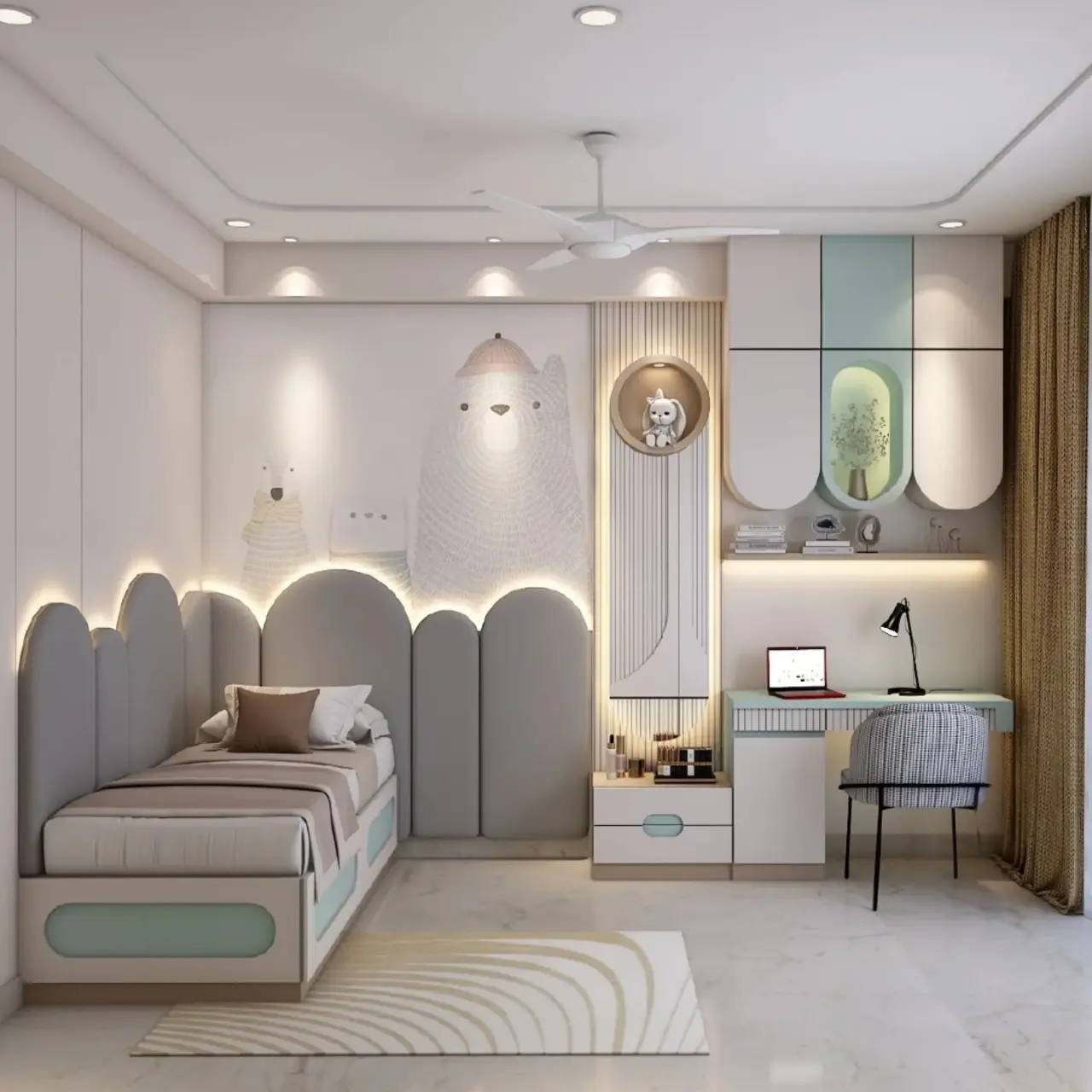 A Kid's bedroom with a feature wall displaying painted illustrations of a bear, fox, and rabbit. The single bed has a scalloped headboard with indirect lighting. A modern desk and storage unit with a mix of wood and light blue cabinetry are built-in next to the bed.