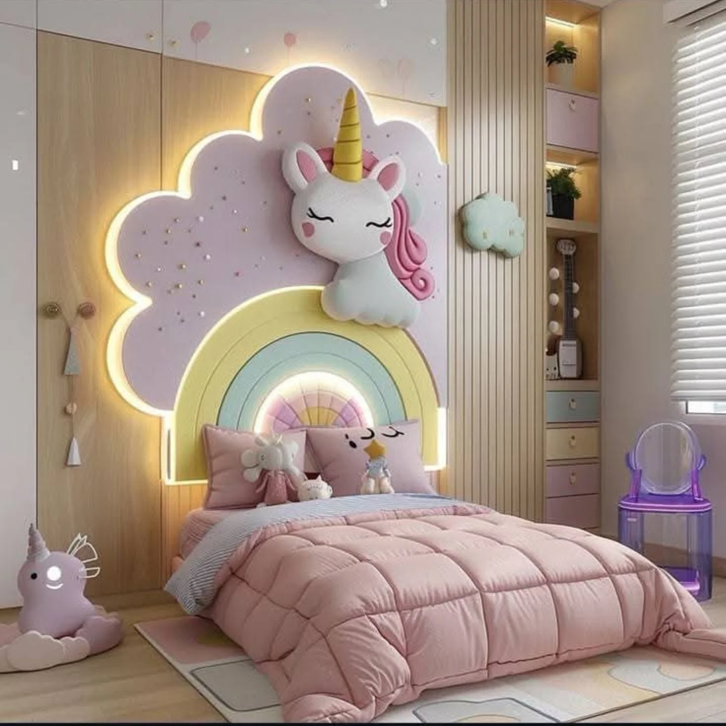 A Kid's bedroom with a fantastical unicorn and rainbow theme. The bed features a plush, cloud-shaped headboard with a large unicorn figurine and a lit-up rainbow arch. The room is decorated in soft pinks, purples, and yellows, with a built-in shelving and desk unit.