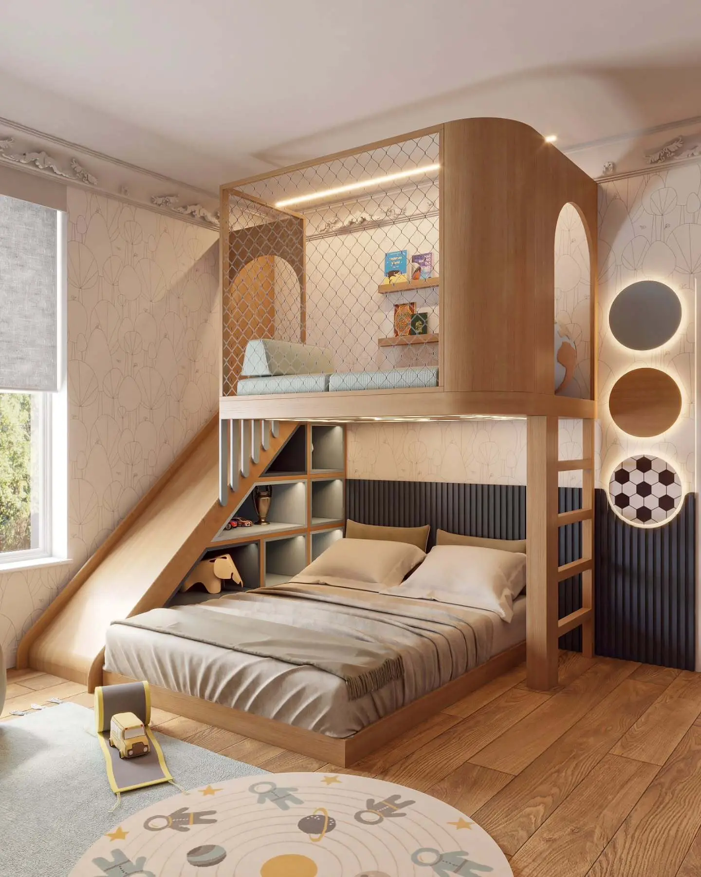 A child's bedroom with a large, light wood loft bed structure. The top bunk is enclosed with a wire mesh and features a built-in slide for an exciting exit. The lower level holds a full-size bed with a dark gray slatted headboard. A geometric rug and decorative wall lights are also visible.