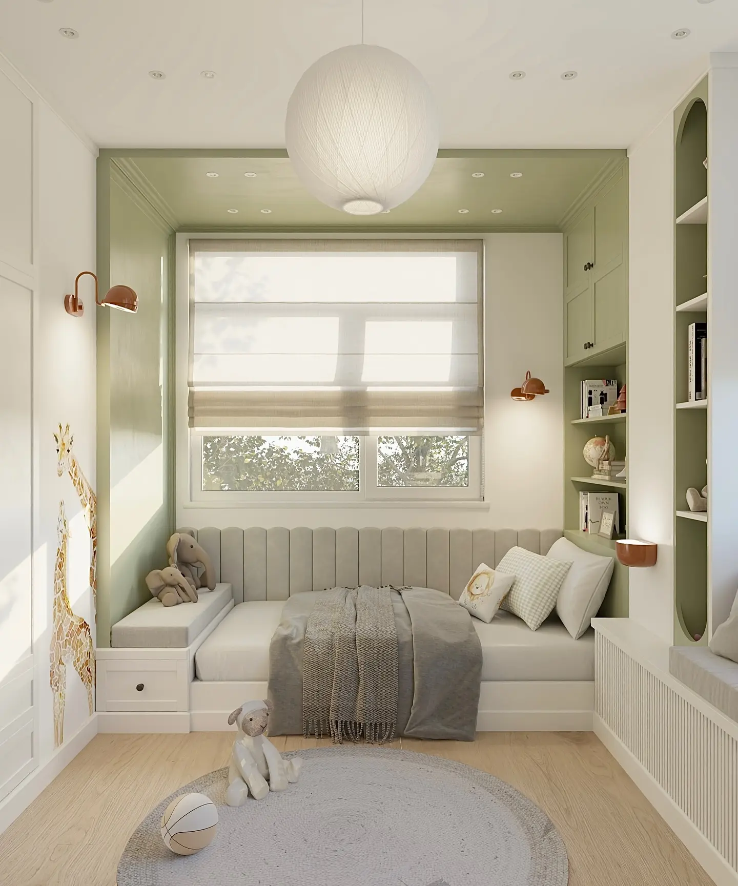 A small child's bedroom with a daybed built into a recessed alcove, which features sage green walls and built-in shelving. The bed has a ribbed, beige headboard. A large, spherical light fixture hangs from the ceiling, and a giraffe decal decorates the far wall.
