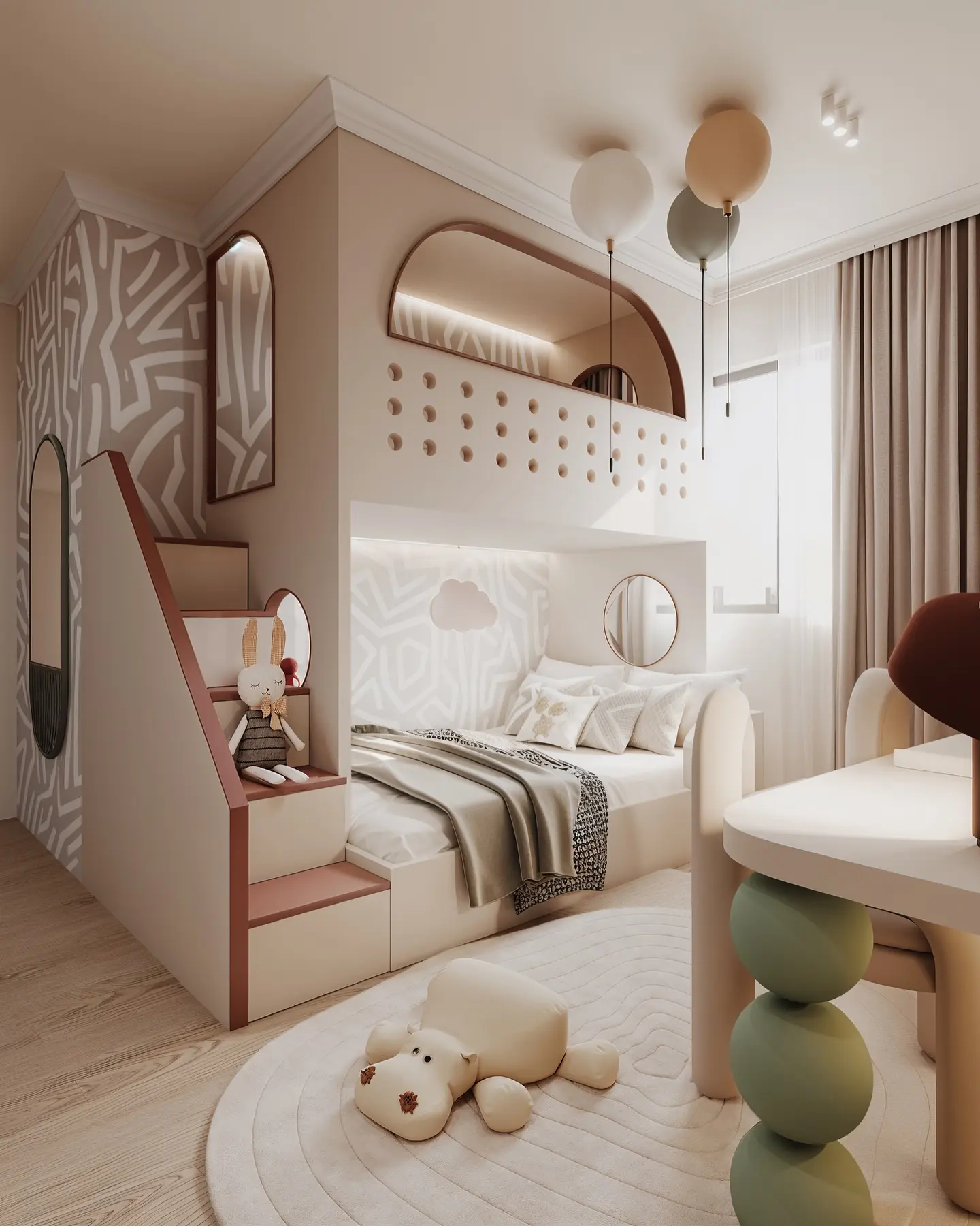 A Kid's bedroom with a built-in bunk bed unit in a modern, minimalist style. The lower bed is a cozy nook with a subtle cloud-themed wallpaper. A staircase with a cutout mirror leads to the upper bunk. The room is decorated in a neutral color palette with pops of muted color.