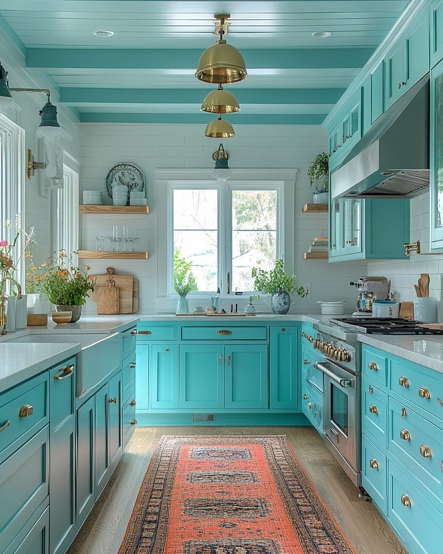 A bright kitchen with turquoise cabinets, white countertops, and a rustic runner rug, exuding a cheerful coastal vibe.