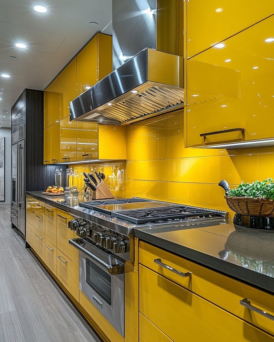 A contemporary kitchen with high-gloss yellow upper cabinets, natural wood lower cabinets, and a matching yellow backsplash.