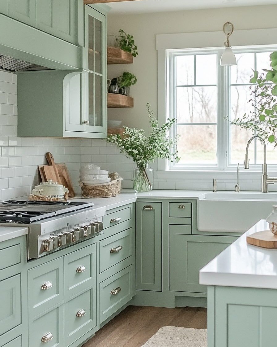 A cozy, farmhouse-style kitchen with soft sage green cabinets, white subway tile backsplash, and a large window above a farmhouse sink.