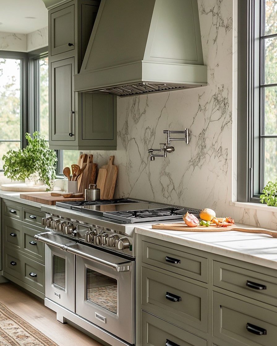 A luxurious kitchen with olive green cabinets, a large professional range, marble backsplash, and black hardware.