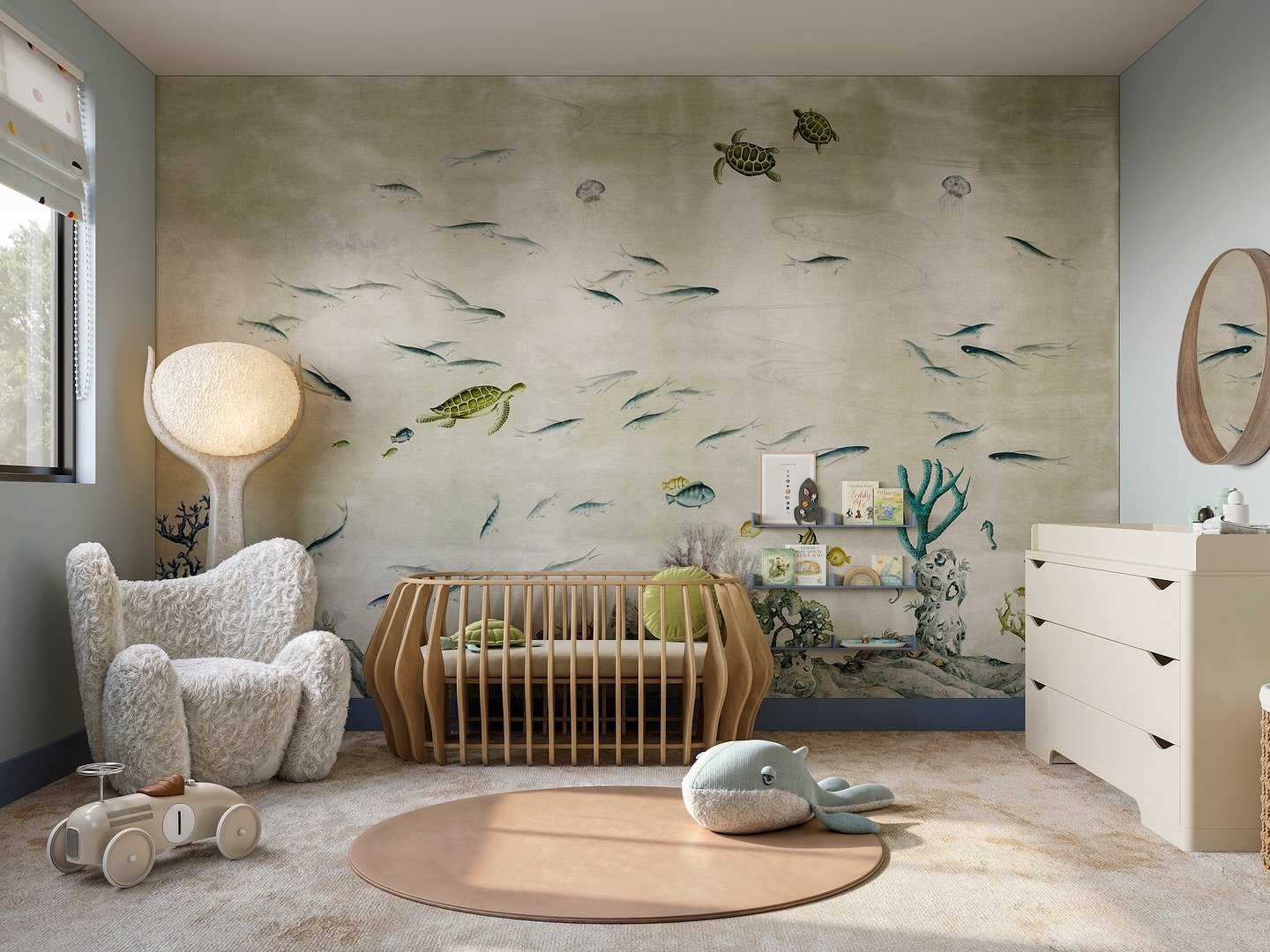 A tranquil, neutral-toned ocean-themed nursery with a wooden crib, a plush armchair, and a wall mural of turtles and fish.