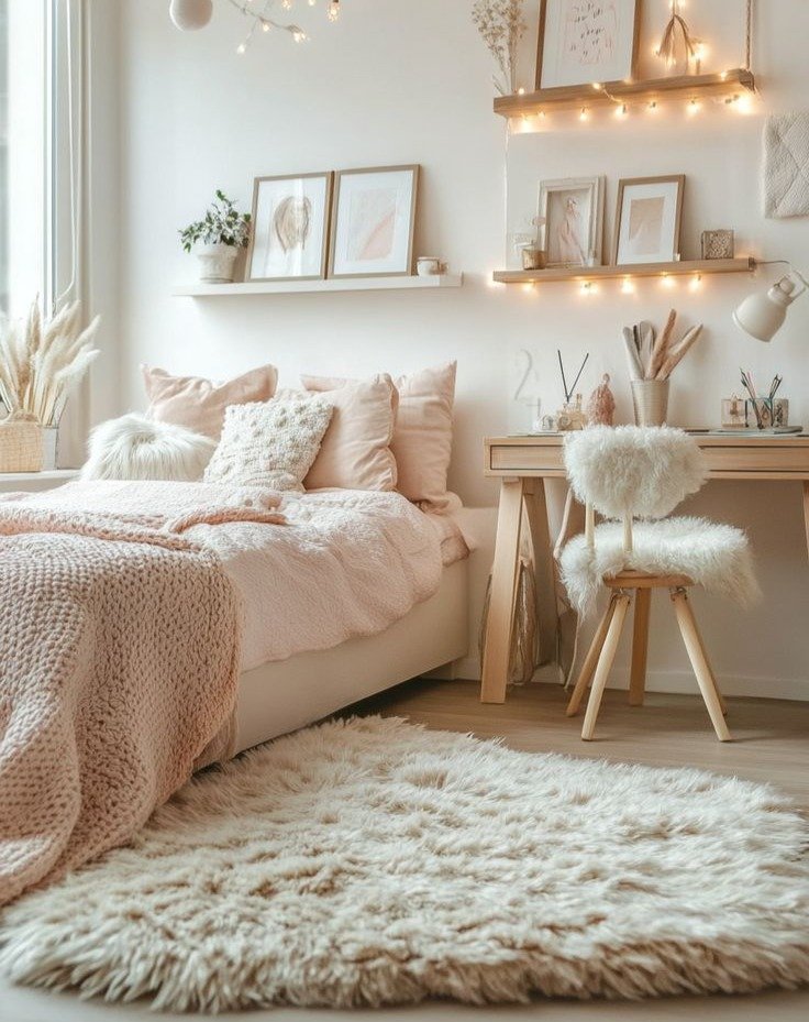 Serene pink-themed teen bedroom with cozy bedding, fluffy rug, and minimalist desk setup.