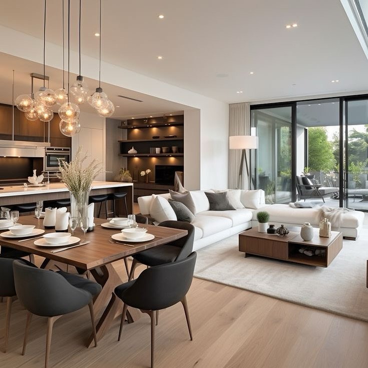 A bright, open-concept living and dining area featuring a light wood floor, a dining table with black chairs, and a white sofa facing a coffee table. The kitchen is visible in the background, and large sliding glass doors lead to an outdoor patio.
