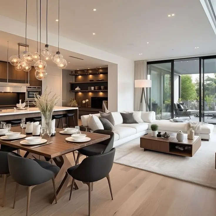 A bright, open-concept living and dining area featuring a light wood floor, a dining table with black chairs, and a white sofa facing a coffee table. The kitchen is visible in the background, and large sliding glass doors lead to an outdoor patio.