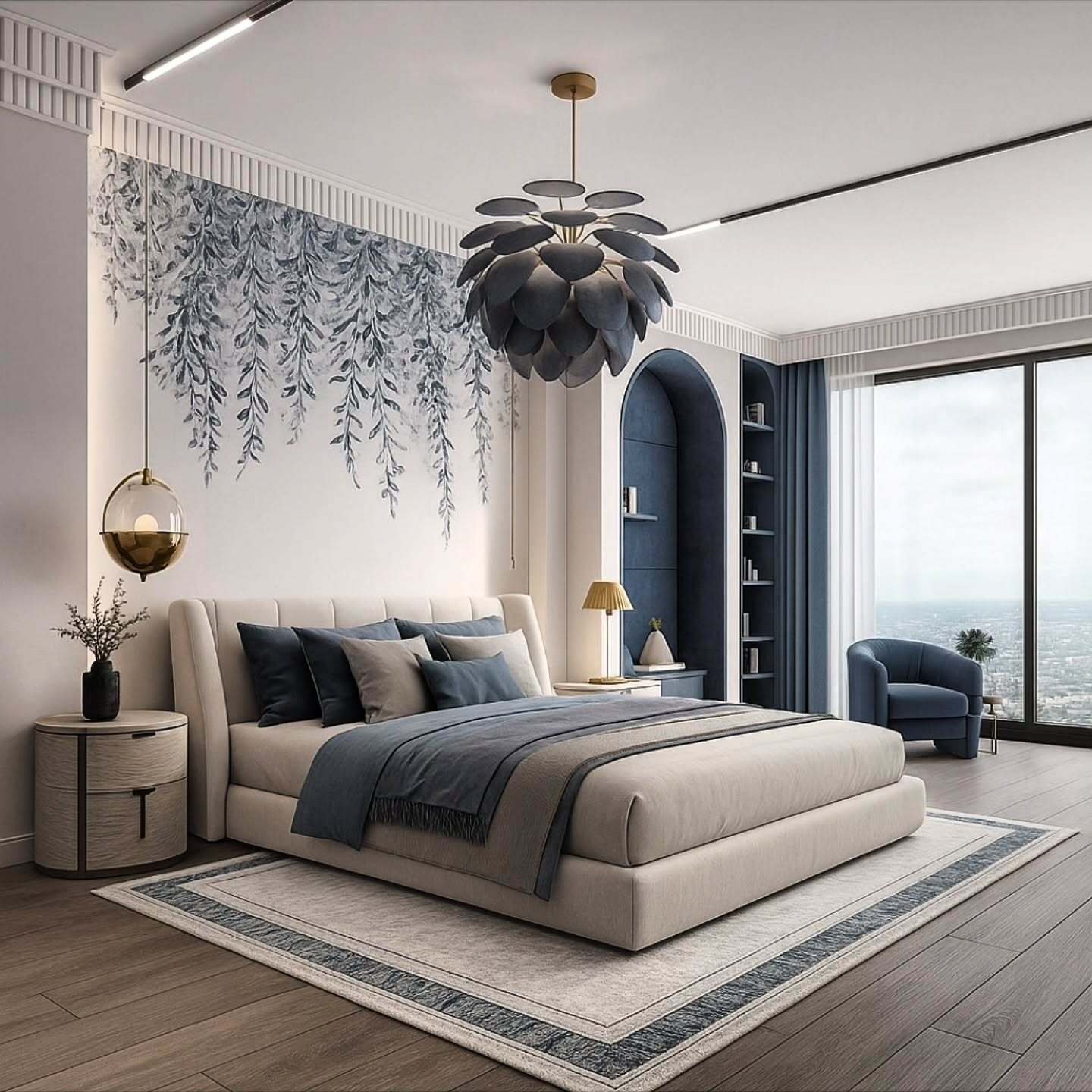 A modern master bedroom with a large bed, a stunning leaf-like chandelier, and a feature wall with a cascading blue vine mural.