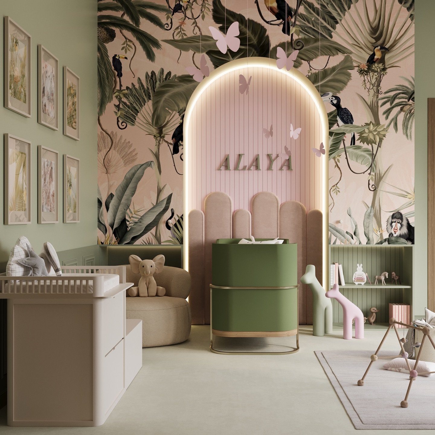 A luxurious nursery with a jungle mural, a modern green crib, and a pink accent arch.