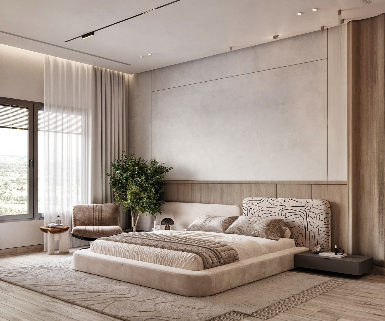 A modern minimalist master bedroom with a low-profile bed, an integrated headboard with a geometric pattern, and a feature wall with subtle textures and wood paneling.