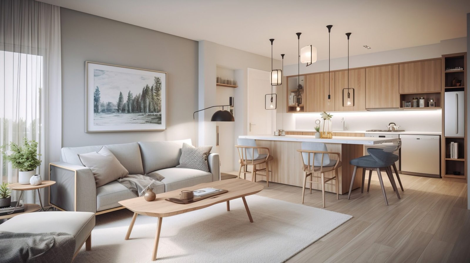 A cozy, open-concept living and kitchen area with a Scandinavian aesthetic. The living room has a light grey sofa, a wooden coffee table, and a large framed landscape art piece. The kitchen features light wood cabinets and a peninsula with bar stools.