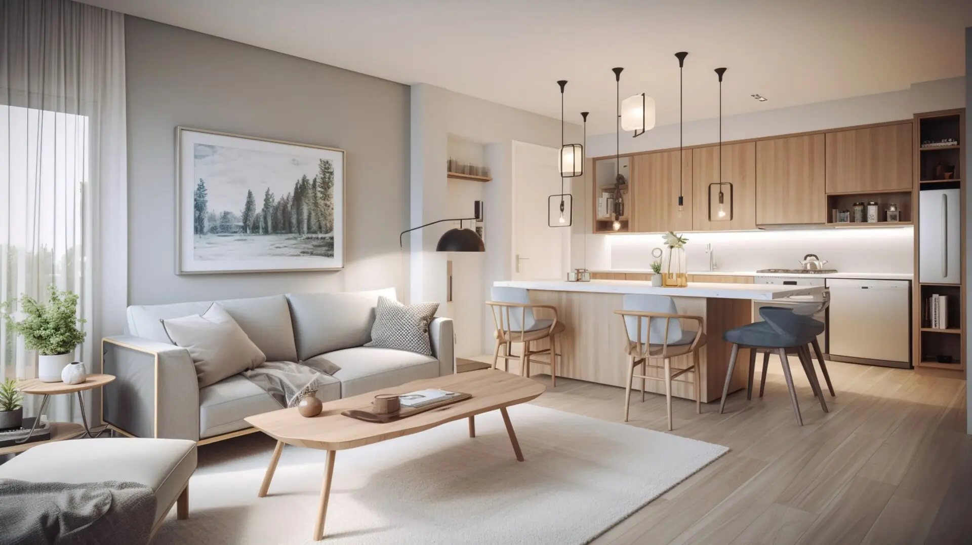 A cozy, open-concept living and kitchen area with a Scandinavian aesthetic. The living room has a light grey sofa, a wooden coffee table, and a large framed landscape art piece. The kitchen features light wood cabinets and a peninsula with bar stools.