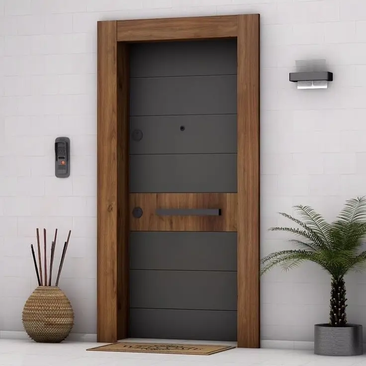 A modern exterior door with a dark gray, horizontally grooved panel surrounded by a thick, natural wood frame, featuring a long horizontal handle.