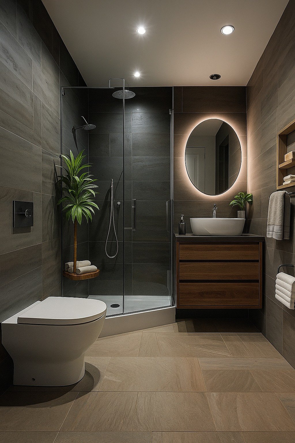 A small, modern bathroom with dark grey tiles on the walls, a wood-toned floating vanity with a vessel sink, and a backlit circular mirror.