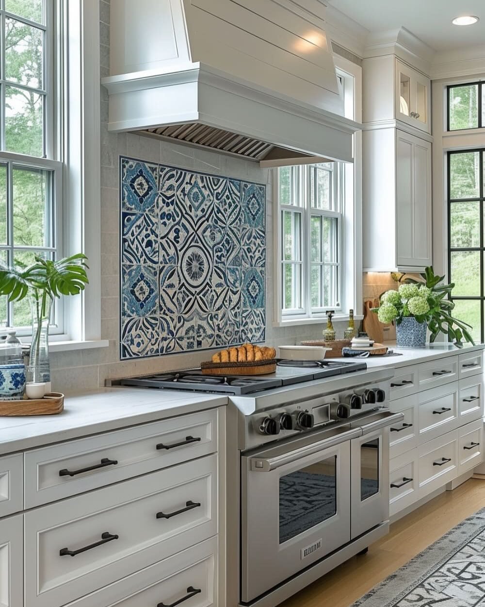  A kitchen with a decorative backsplash panel of large, blue and white patterned tiles arranged in a square, framed by smaller gray tiles and white shaker cabinets.