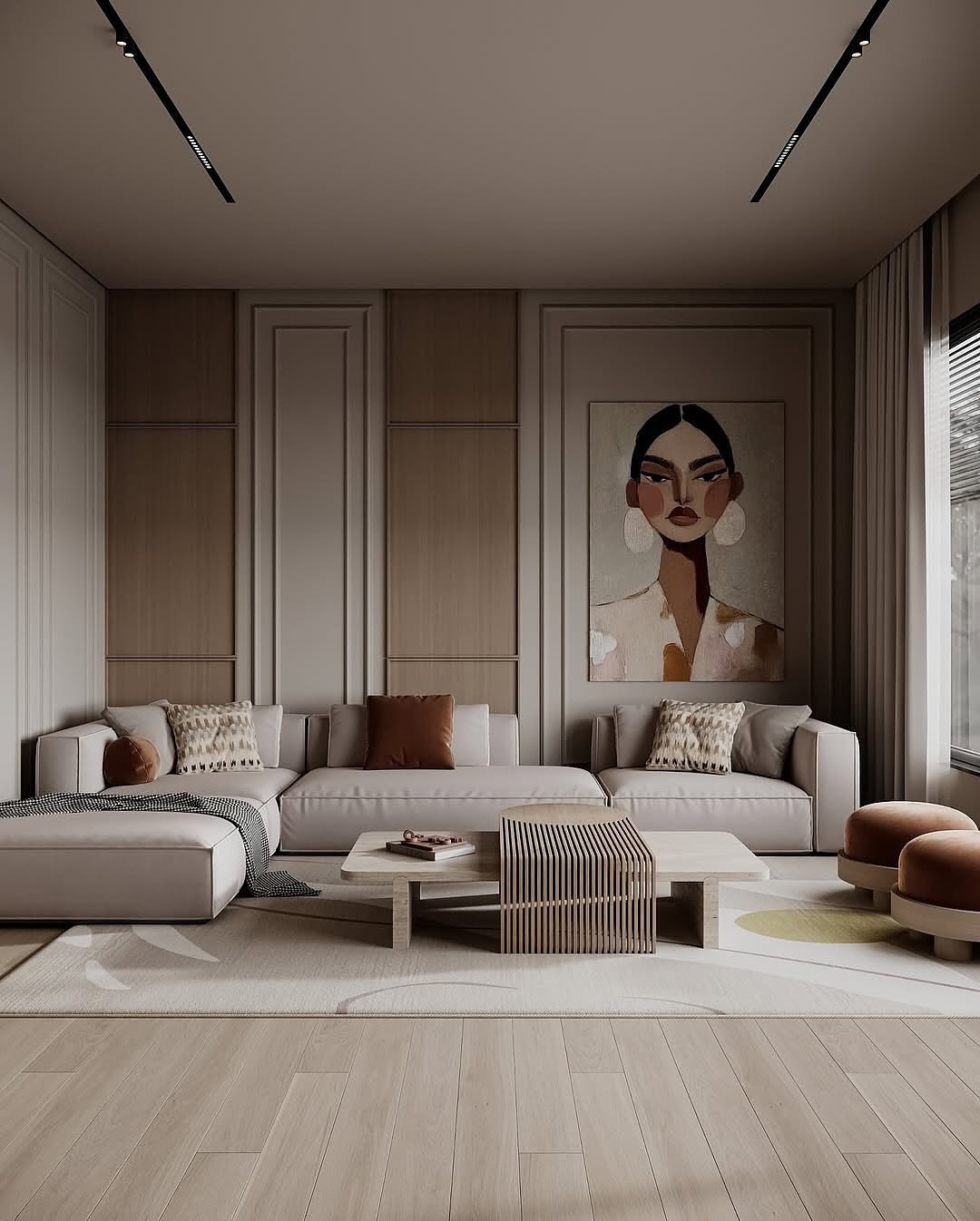A contemporary living room with a neutral-toned sectional sofa, a large modern portrait painting, and a unique slatted wood coffee table on a geometric-patterned rug.