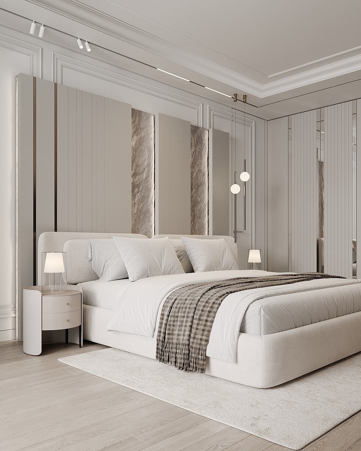 An elegant and serene master bedroom with a large bed, a headboard with subtle textures and lighting, and minimalist furniture in light, neutral colors.
