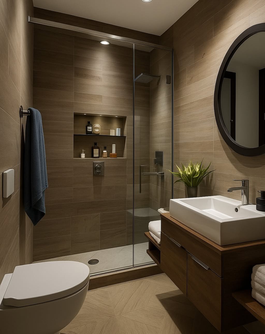 A small, inviting bathroom with warm wood-look tiles on the walls and floor, a floating wood vanity with a square vessel sink, and a large circular mirror with a black frame.