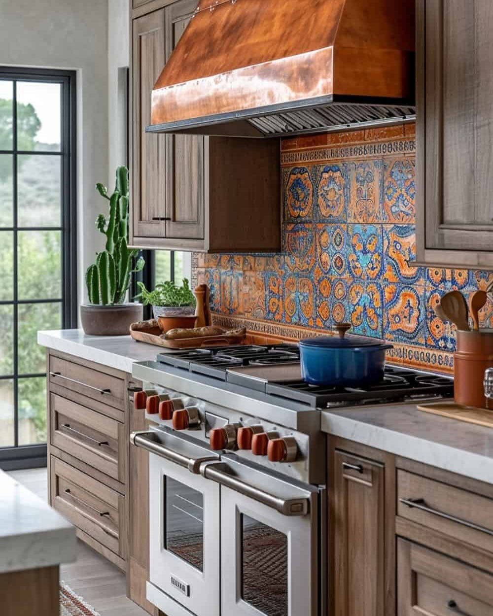 A kitchen featuring a vibrant backsplash of patterned orange and blue tiles, paired with a copper range hood and rustic wood cabinets.