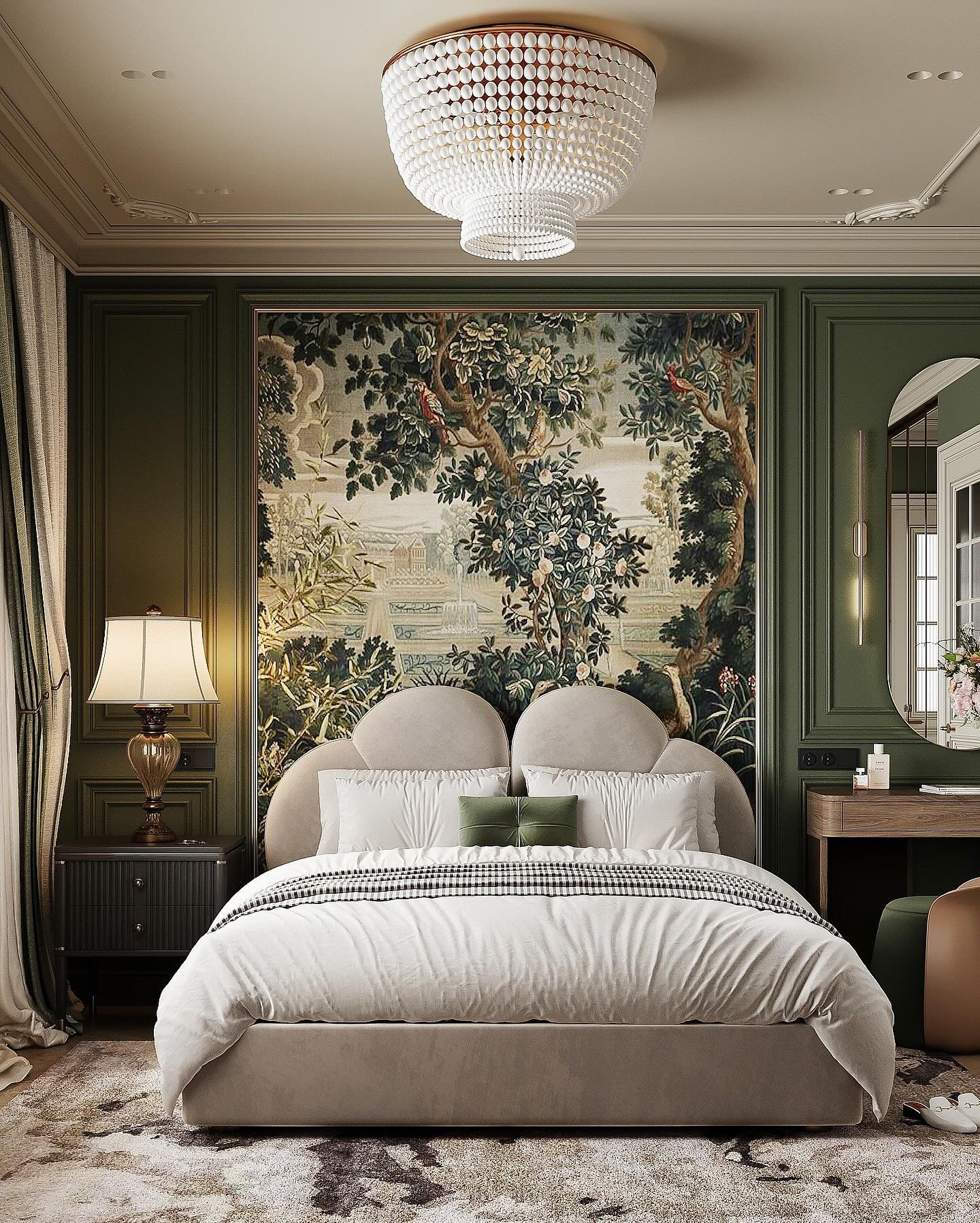 A luxurious and elegant bedroom with a dark green paneled wall and a large tapestry featuring a forest scene. The bed has a unique, scalloped headboard, and a large beaded chandelier hangs from the ceiling.