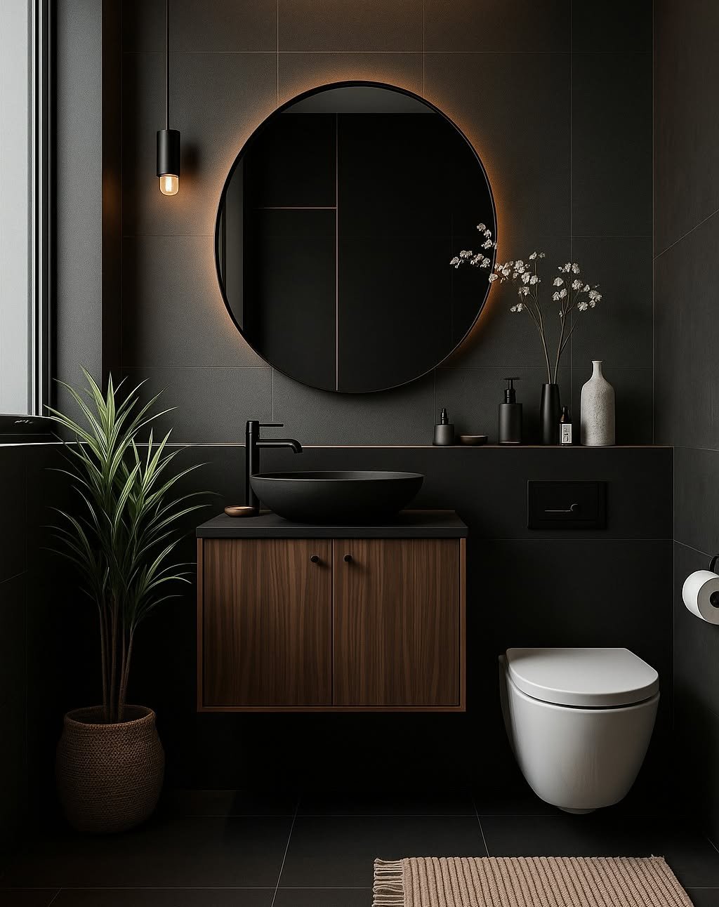 A small, modern bathroom with dark grey tiles, a black vessel sink on a floating wood vanity, and a large circular mirror with a warm LED backlight.
