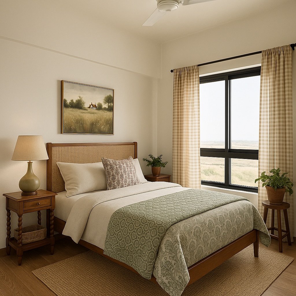 A bright and minimalist guest bedroom with a wooden bed frame and a cane headboard. The room features a soft green and beige color scheme, a landscape painting, and potted plants for a natural feel.