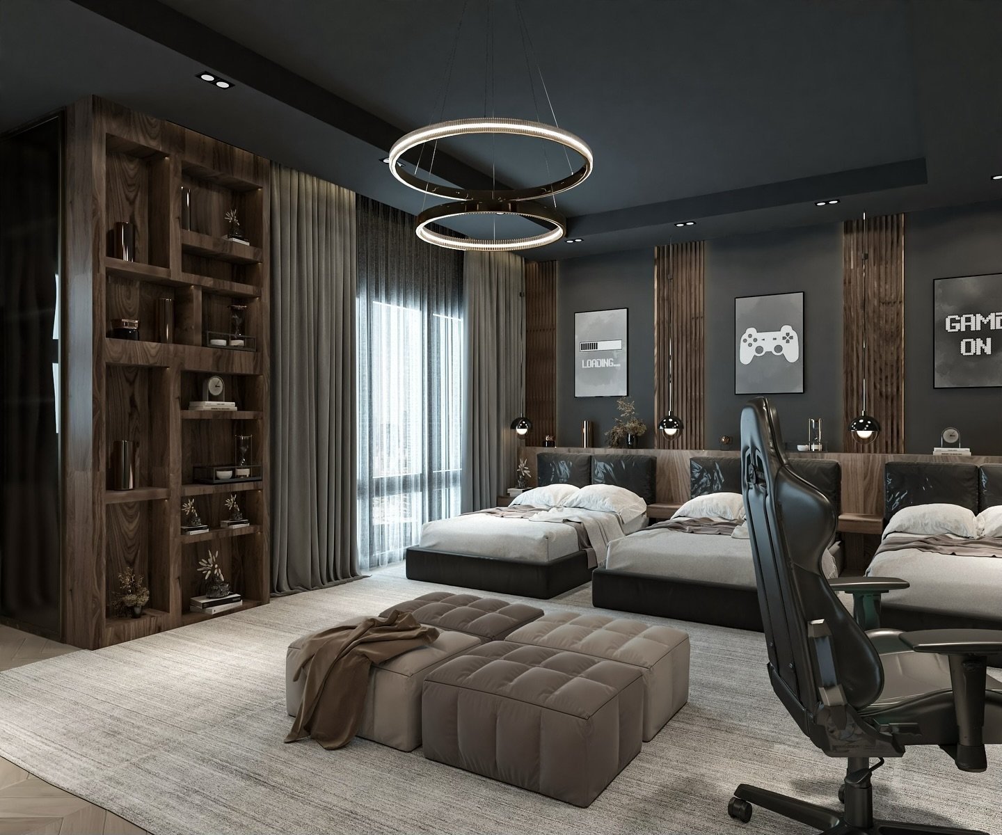 A large, luxurious shared bedroom with three identical beds, dark walls, wood paneling, and gaming-themed posters.