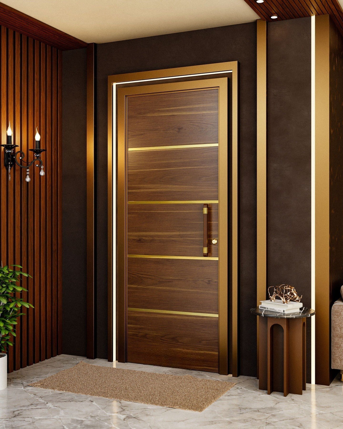 A luxurious, dark wood door with horizontal gold metal inlays and a matching gold frame, set against a rich, modern background.