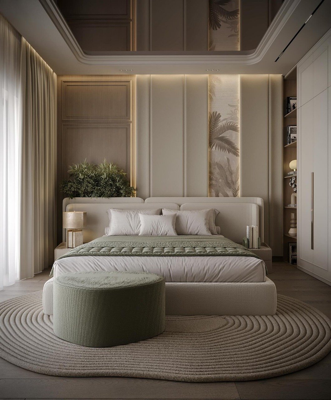 A contemporary bedroom with a soft, neutral color palette and a round, textured area rug. The headboard wall features a mix of padded panels, an illuminated floral mural, and classic molding.