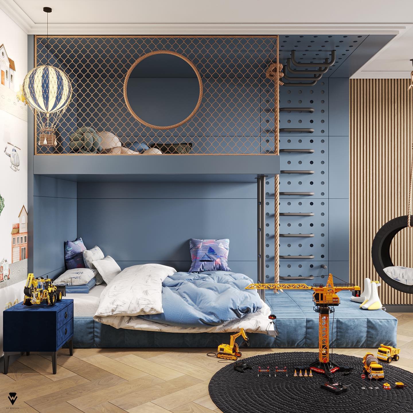 A playful and adventurous teen bedroom with a blue loft bed, a climbing wall, a circular swing, and construction-themed toys.