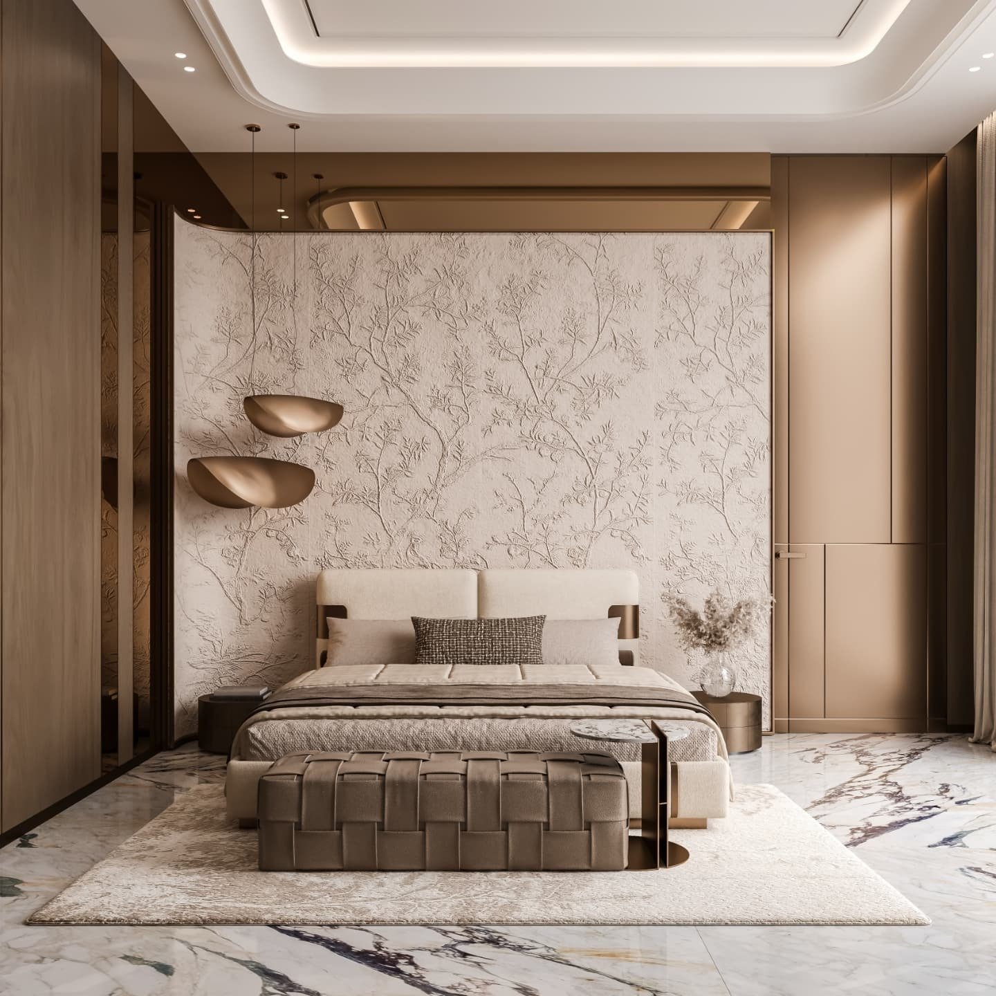  A modern master bedroom with a light and airy color palette, a striking textured wall featuring a delicate branch pattern, and a woven leather bench at the foot of the bed.