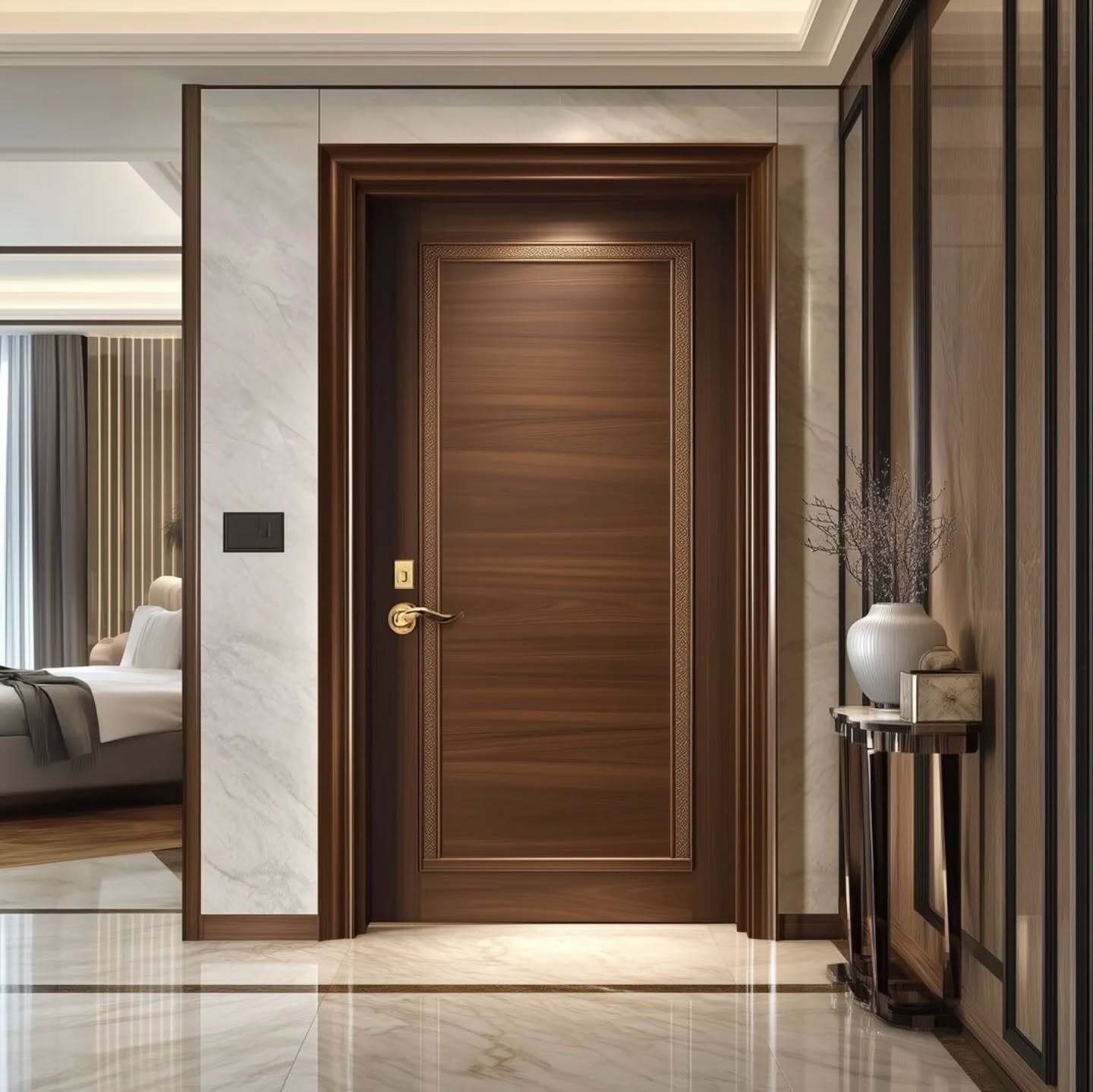 A luxurious, dark wood bedroom door with a central recessed panel framed by an intricate, patterned inlay and a sophisticated brass handle.