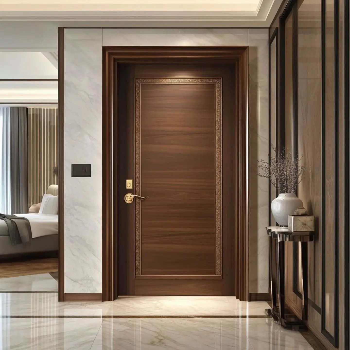 A luxurious, dark wood bedroom door with a central recessed panel framed by an intricate, patterned inlay and a sophisticated brass handle.