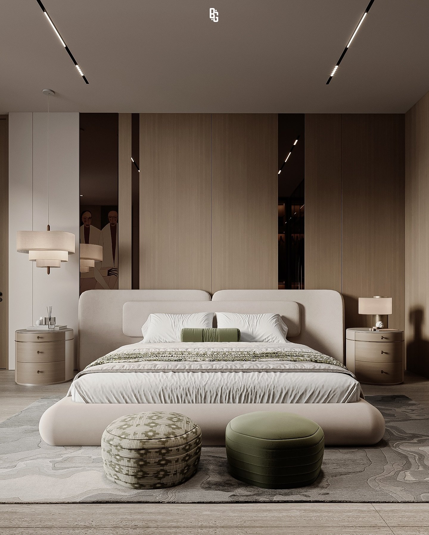A serene, minimalist bedroom with a large, low-profile bed with a rounded upholstered headboard. The room features a neutral color palette, twin bedside tables with rounded fronts, and a pair of patterned and solid ottomans at the foot of the bed.