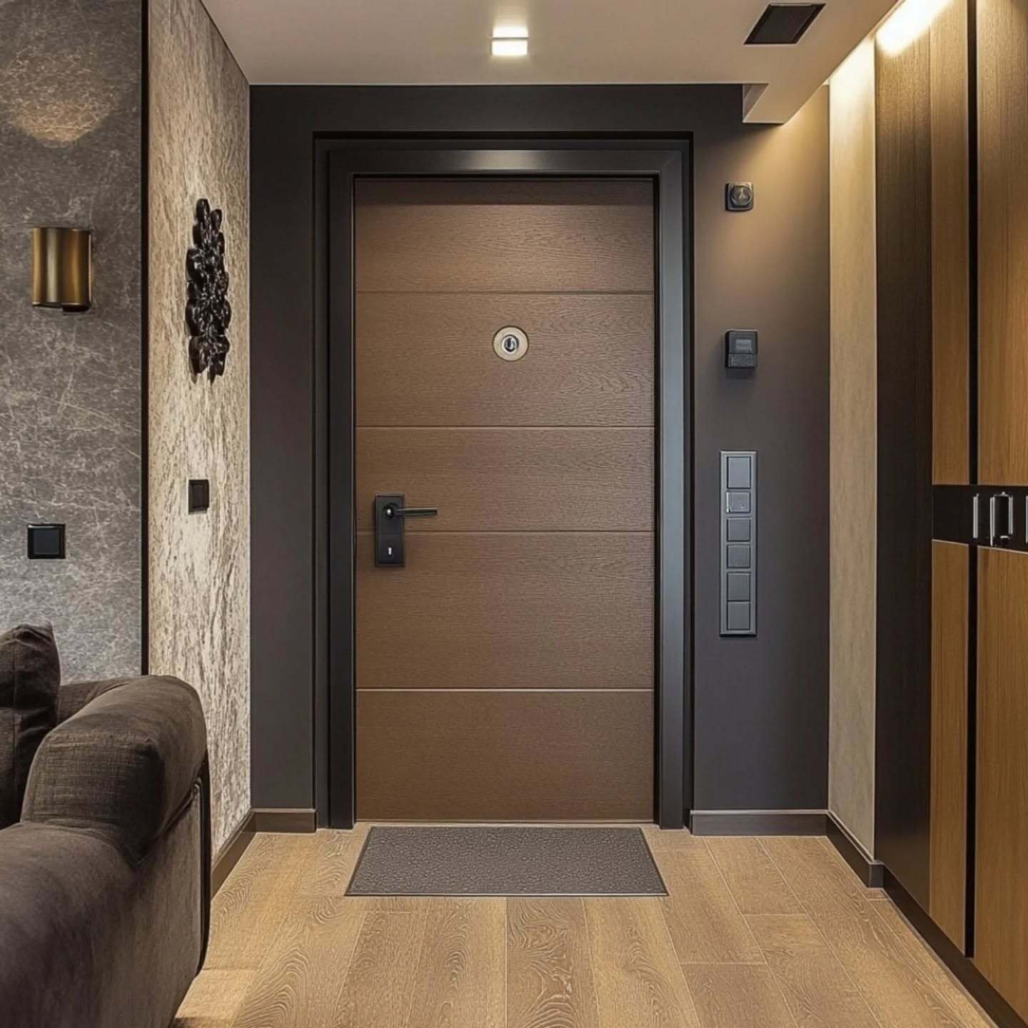 A contemporary bedroom door with horizontal grooved panels in a medium brown wood tone, framed by a thick, dark gray casing, and featuring modern black hardware.