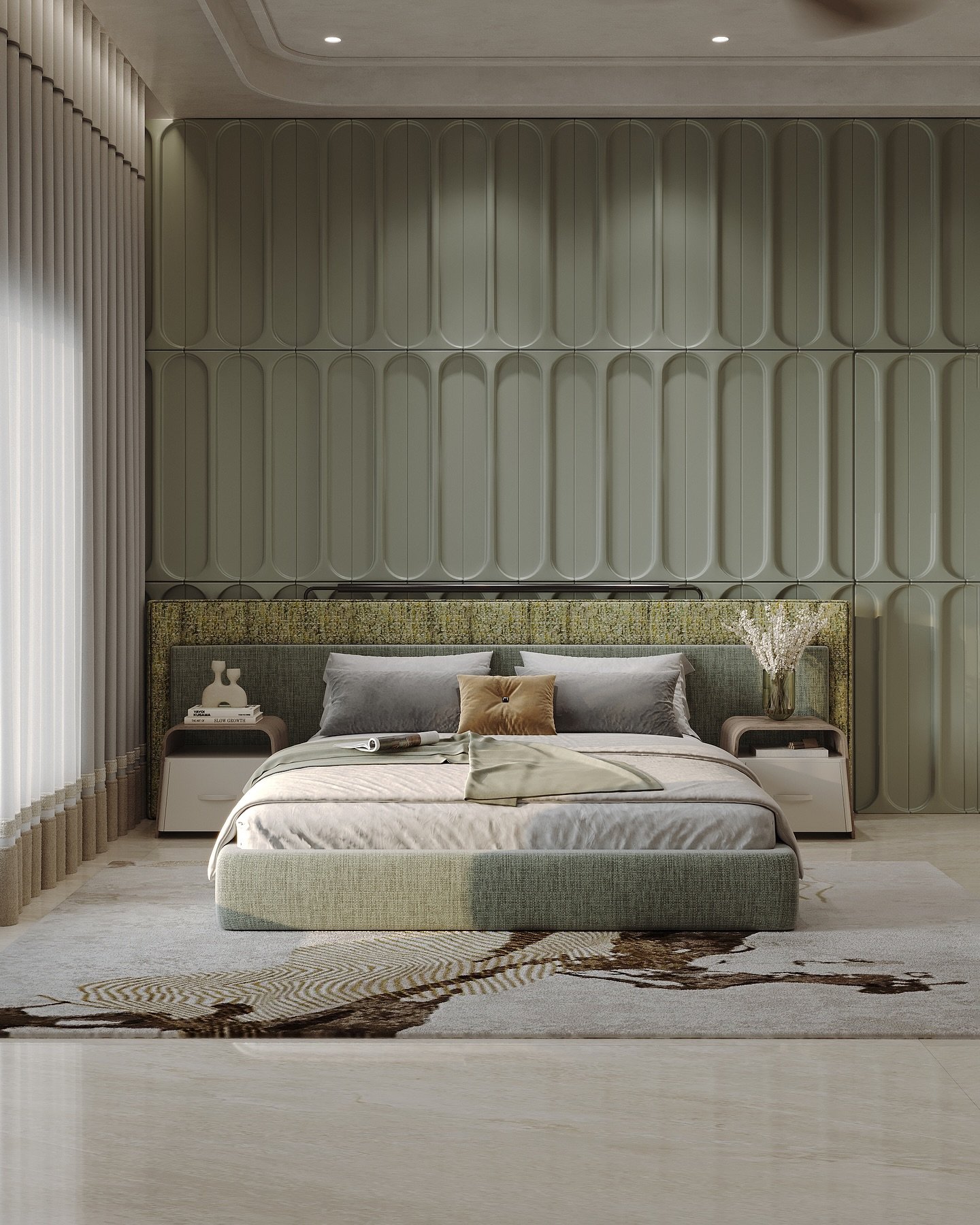 A modern master bedroom with a large bed, a striking textured wall with a capsule-shaped pattern, and a headboard with green and gold fabric.