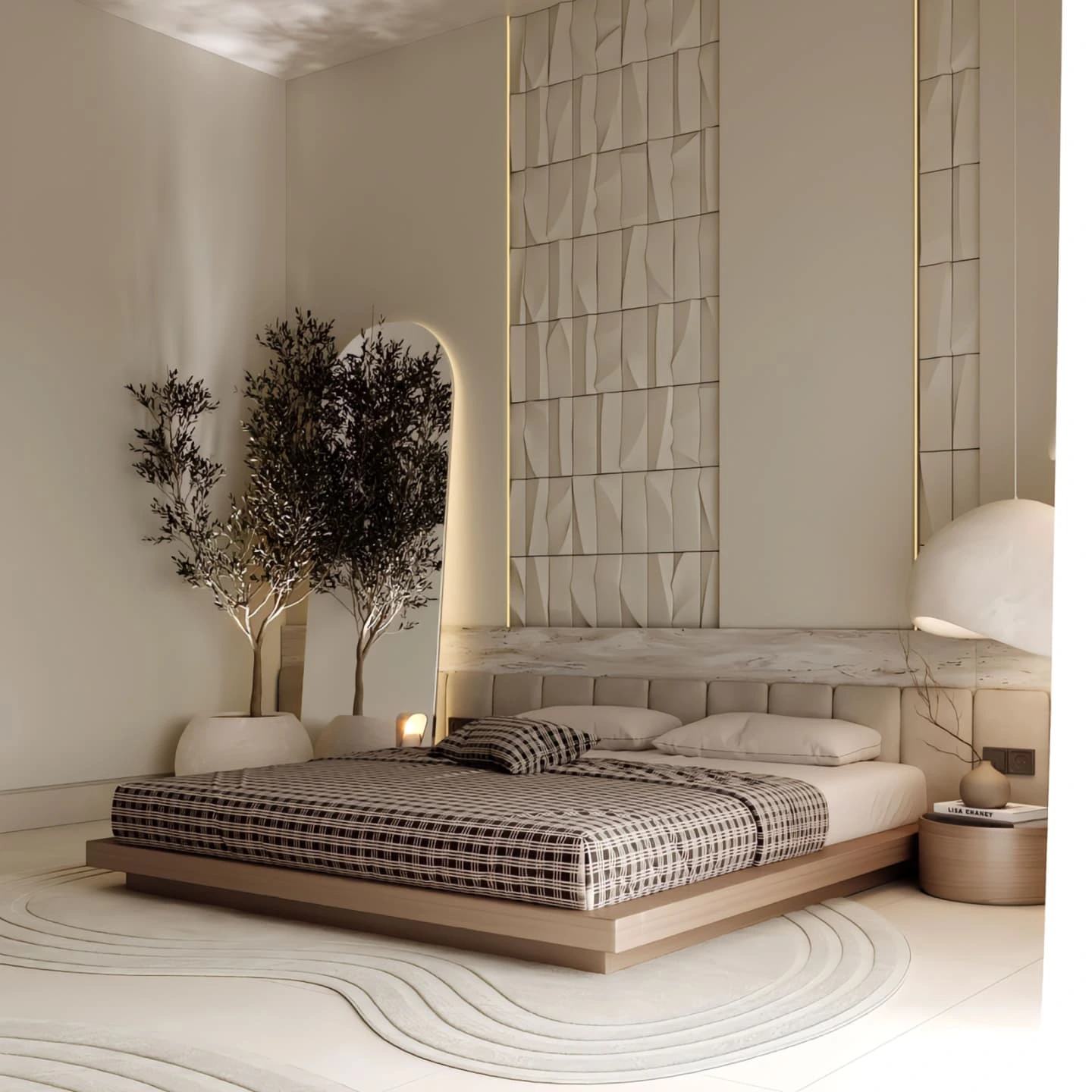 A bright, minimalist bedroom with a low-profile wooden bed, a headboard featuring a marble slab and a textured wall panel, and a large arched mirror next to a potted tree.